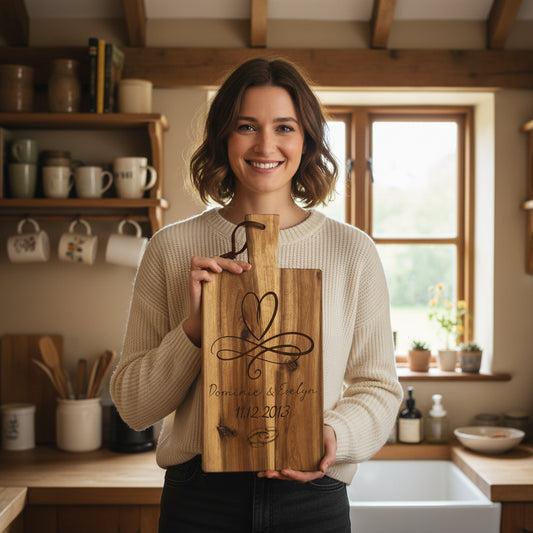 Personalisiertes Schneidebrett aus Akazie „Hochzeit“