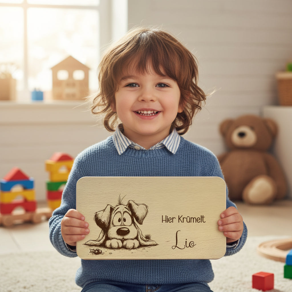 Frühstücksbrett Kinder Buchenholz "Hund" | Personalisiert mit Name | Geschenk für Tierfreunde