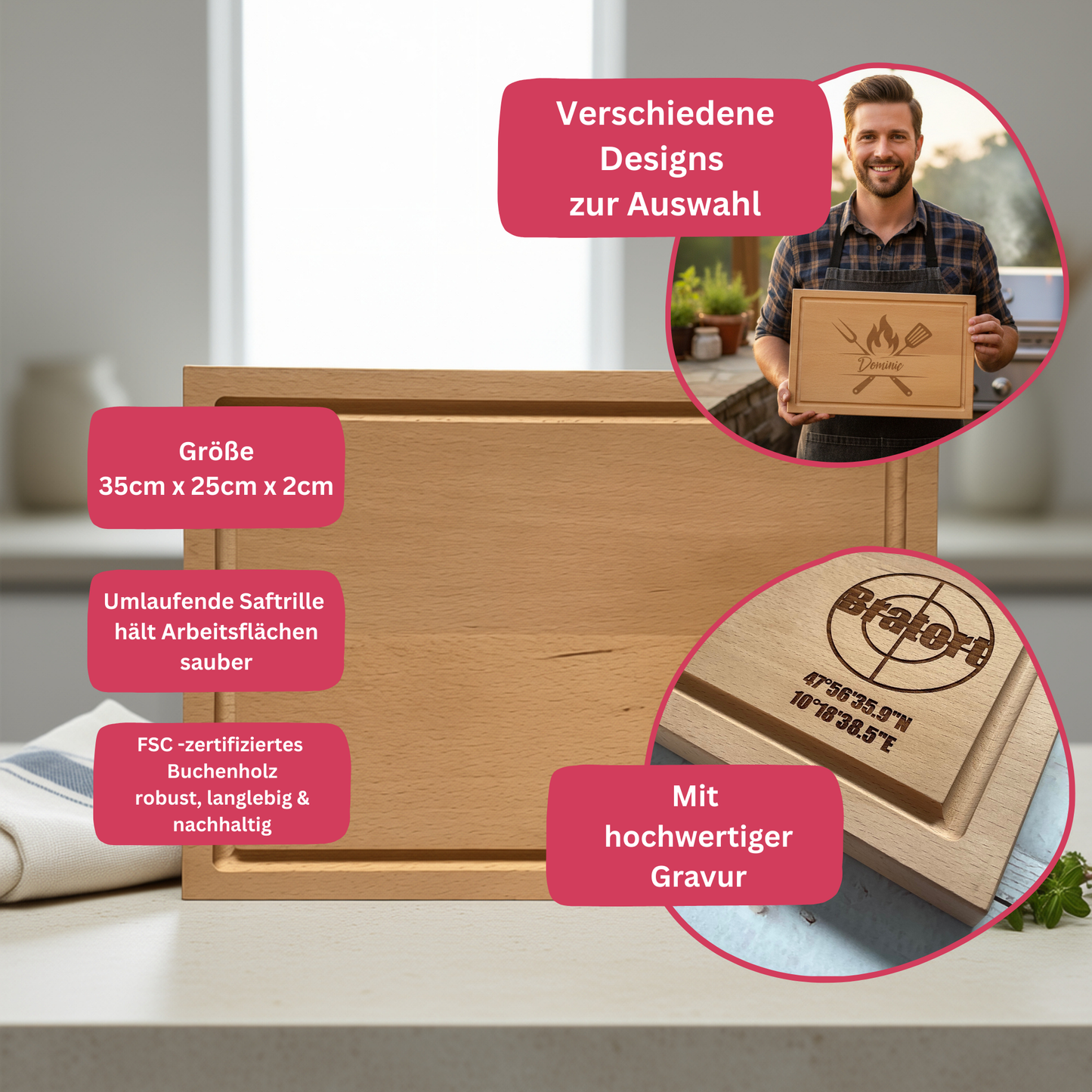 Schneidebrett mit Saftrille aus Buche - Bratort