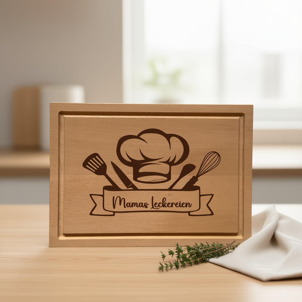 Schneidebrett mit Saftrille aus Buche - Motiv Kochen