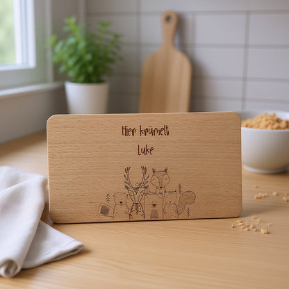 Frühstücksbrett Kinder Buchenholz "Waldtiere" | Personalisiert mit Name | Geschenk Taufe & Geburt