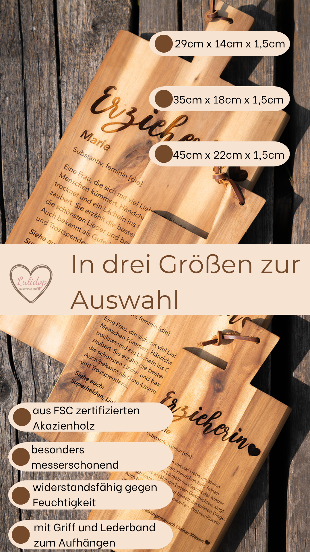 Personalisiertes Schneidebrett aus Akazie „Erzieherin“
