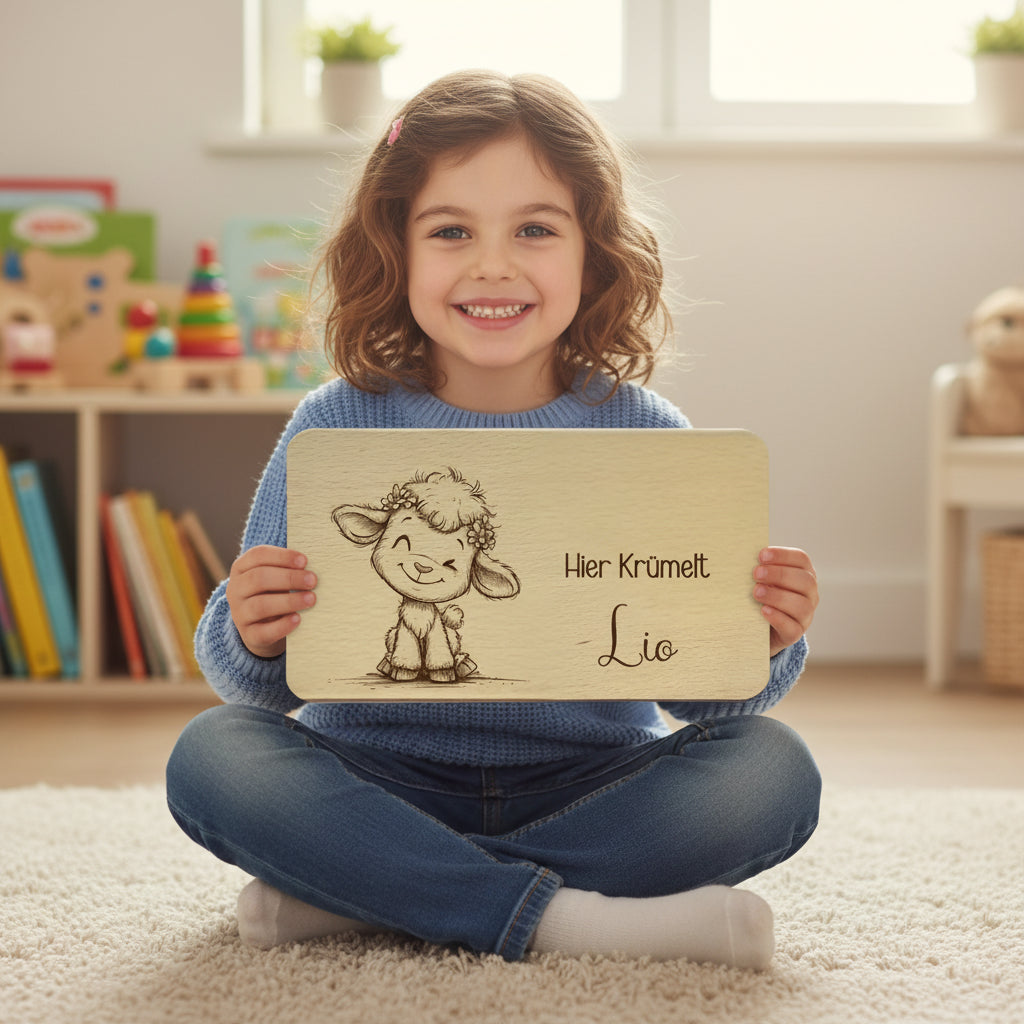 Frühstücksbrett Kinder Buchenholz "Schäfchen" | Personalisiert mit Name | Geschenk Taufe & Geburt