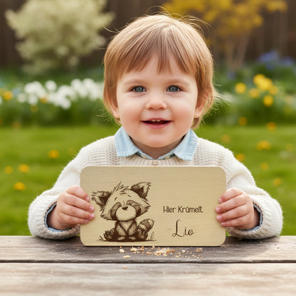 Frühstücksbrett Kinder Buchenholz "Waschbär" | Personalisiert mit Name | Geschenk Taufe & Geburt