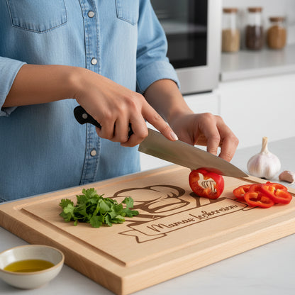 Schneidebrett mit Saftrille aus Buche - Motiv Kochen