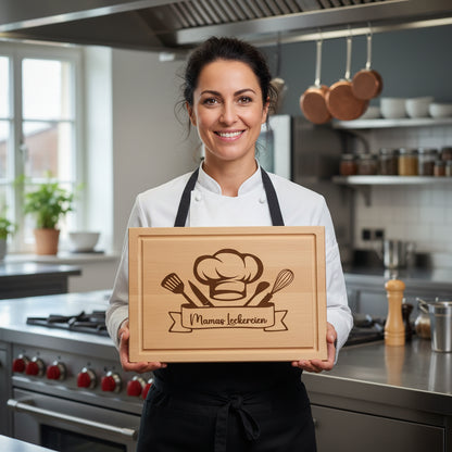 Schneidebrett mit Saftrille aus Buche - Motiv Kochen