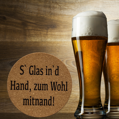 Korkuntersetzer "S´Glas in´d Hand" | Bayerischer Spruch | Lustiges Geschenk für Gemütliche