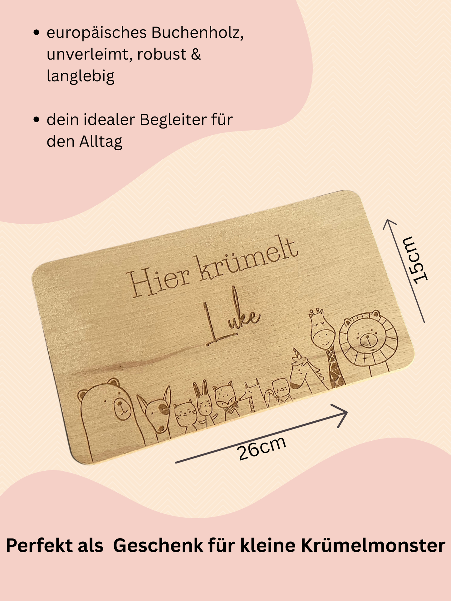 Frühstücksbrett Buchenholz "Hier krümelt..." 26x15x1,2cm Kernbuche