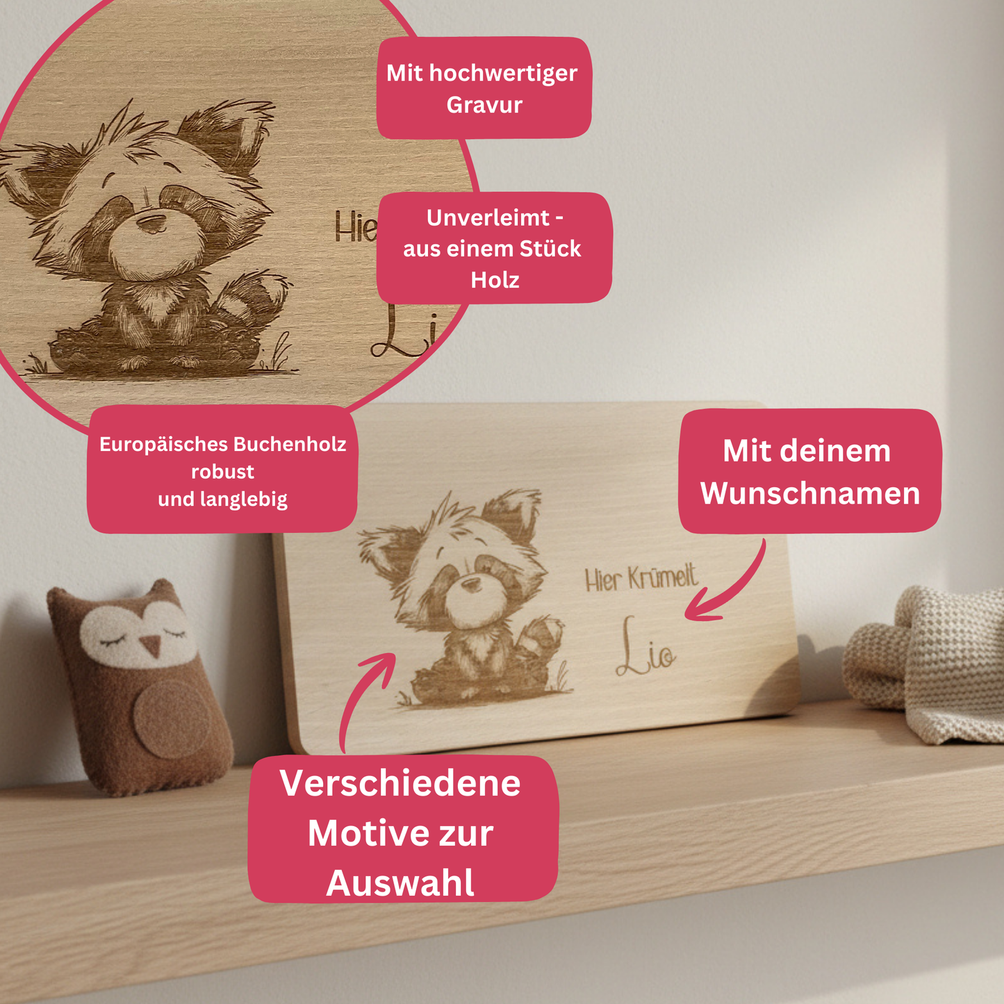 Frühstücksbrett Kinder Buchenholz "Hund" | Personalisiert mit Name | Geschenk für Tierfreunde