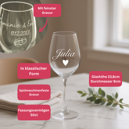 Weinglas personalisiert mit Namen und Herz